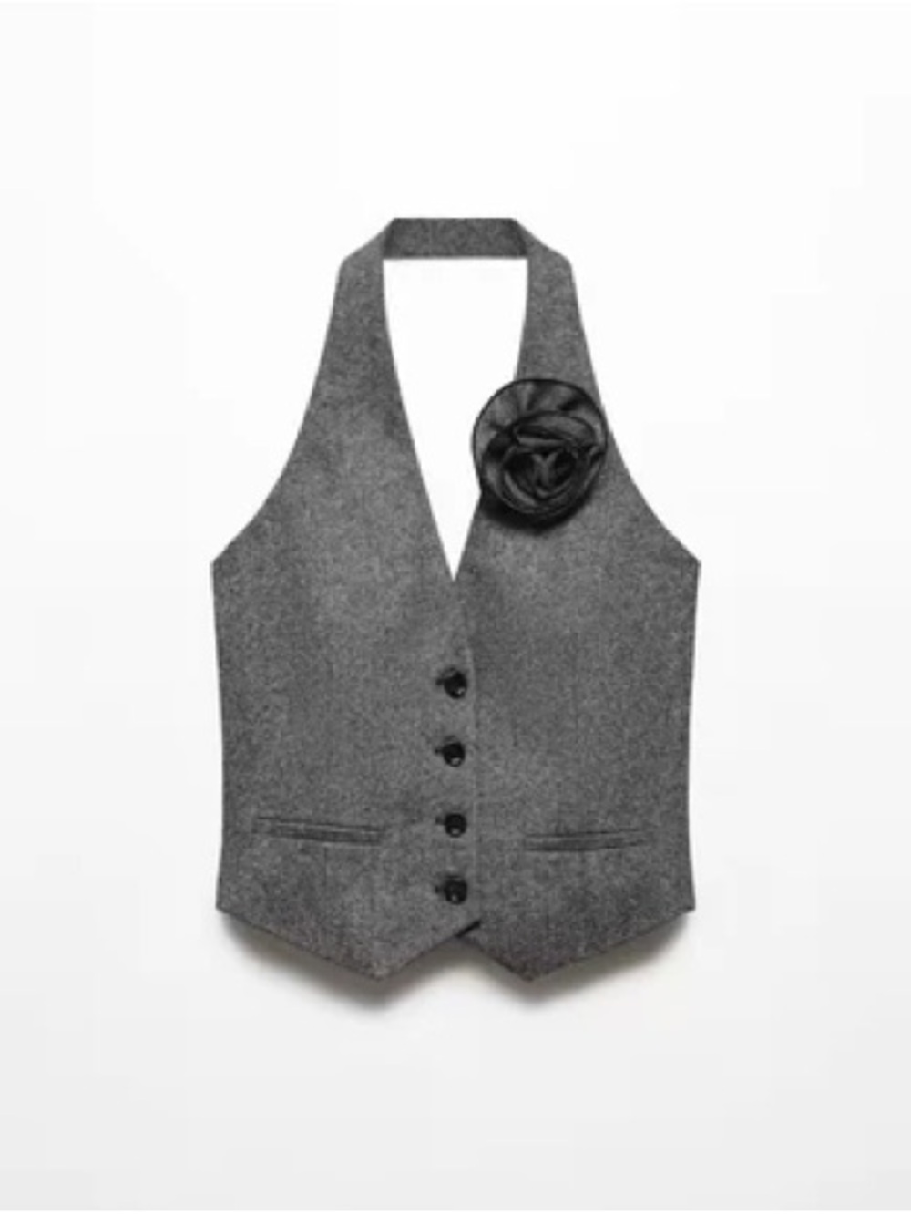 Mango Gray Wool-Blend Halter Vest with Flower Detail